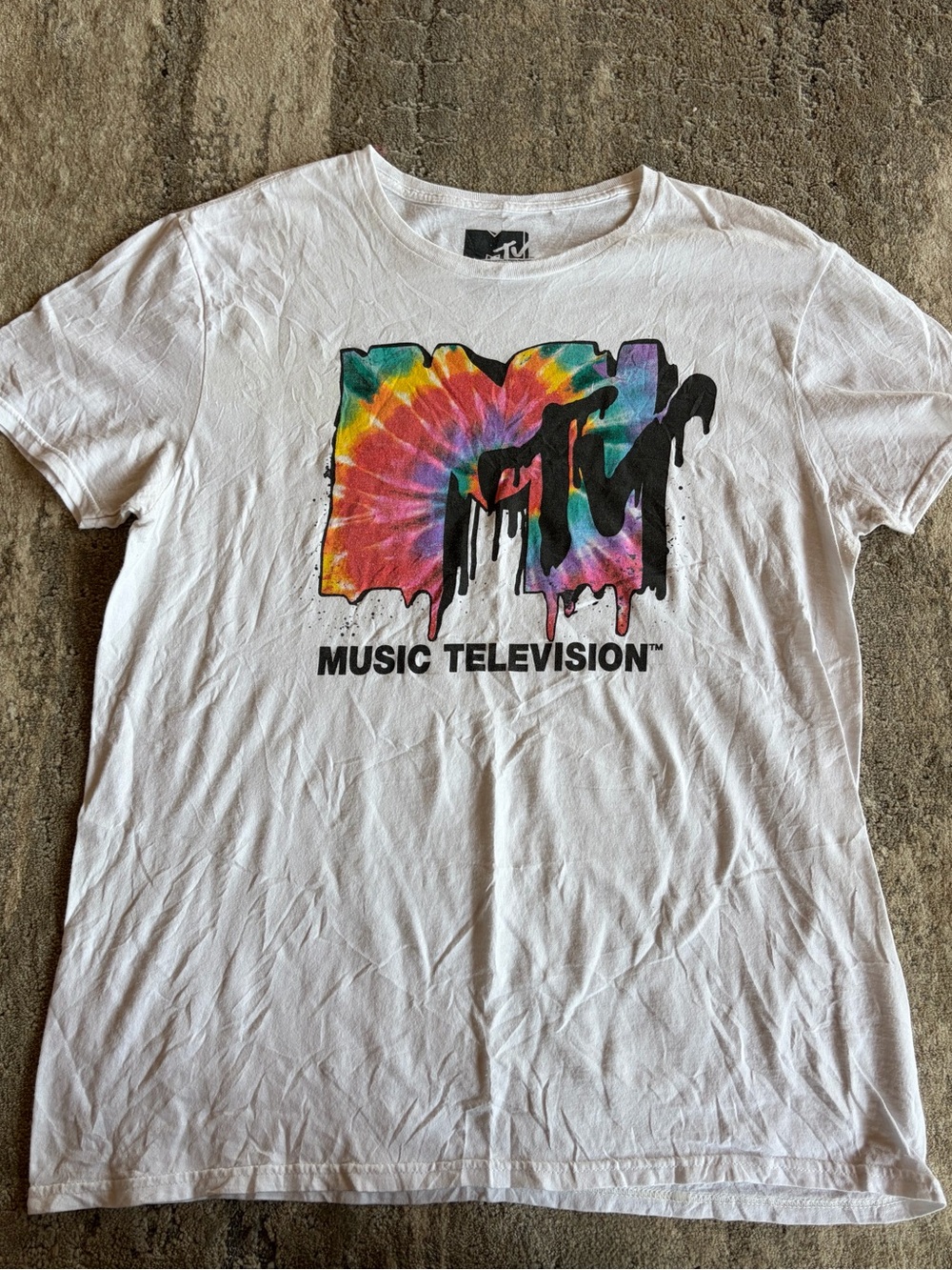 MTV Tie Dye Drip Logo Graphic Tee White Size Large Music Television Shirt